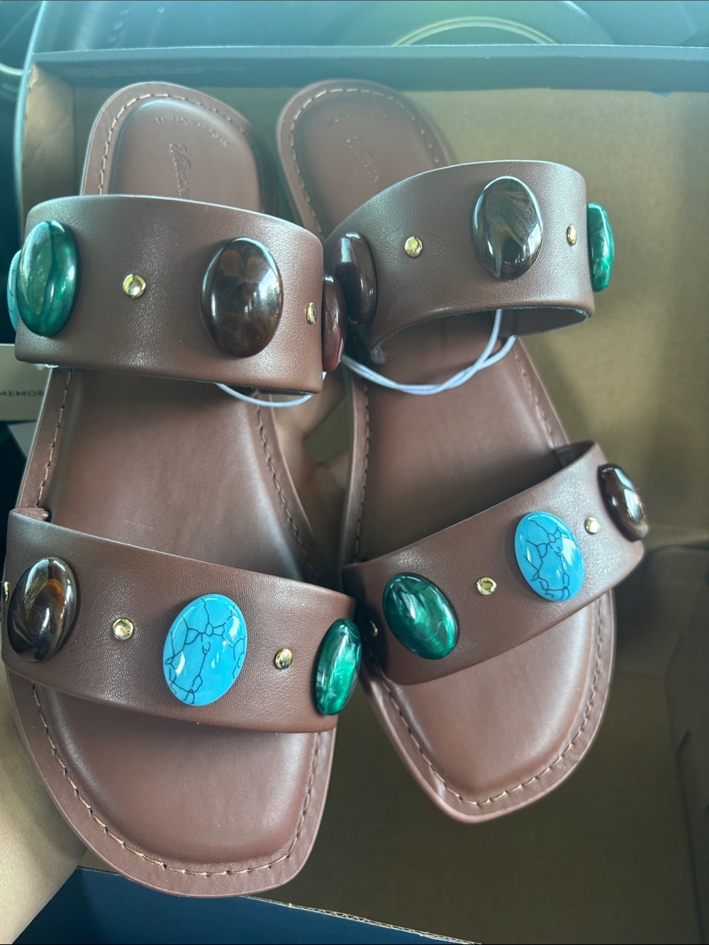 Universal Thread Brown Slide Sandals with Turquoise & Emerald Accents